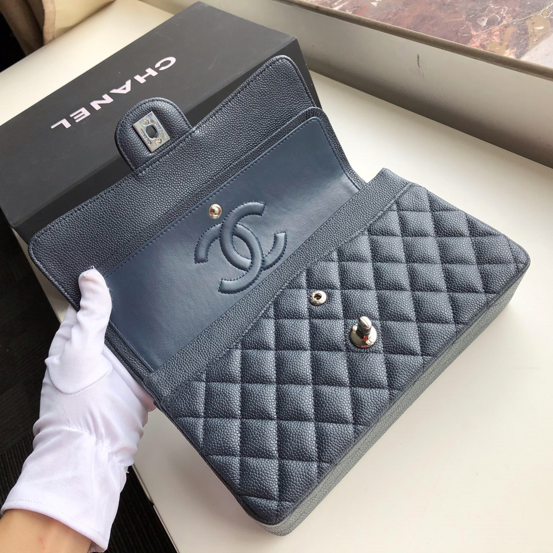 CHANEL CLASSIC HANDBAG GRAINED CALFSKIN & SILVER-TONE METAL NAVY 6 × 9.9 × 2.5 in