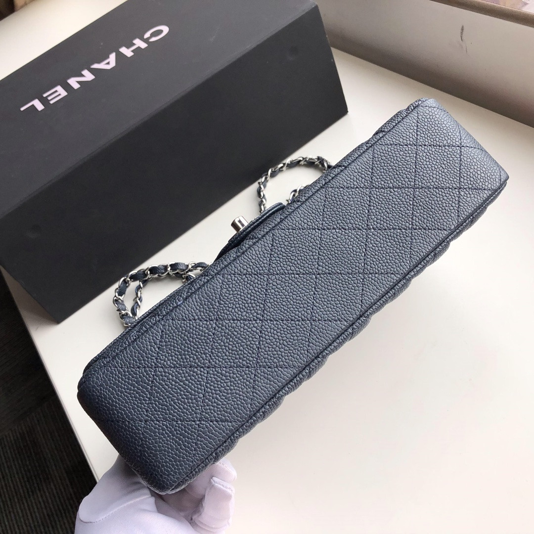 CHANEL CLASSIC HANDBAG GRAINED CALFSKIN & SILVER-TONE METAL NAVY 6 × 9.9 × 2.5 in