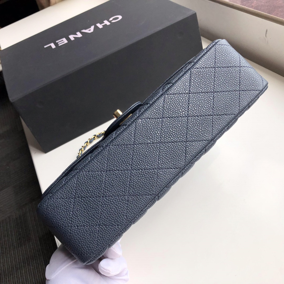 CHANEL CLASSIC HANDBAG GRAINED CALFSKIN & GOLD-TONE METAL NAVY 6 × 9.9 × 2.5 in