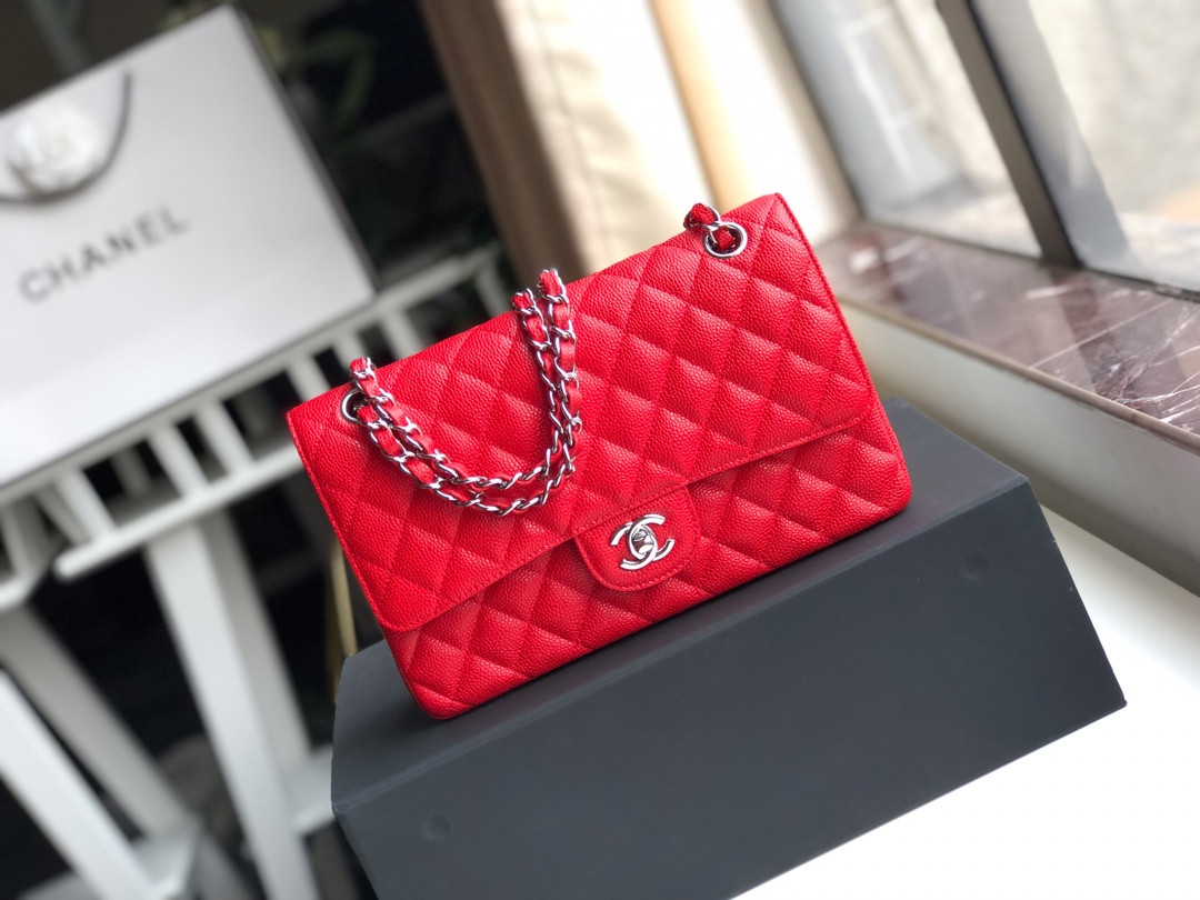 CHANEL CLASSIC HANDBAG GRAINED CALFSKIN & SILVER-TONE METAL SHINY red 6 × 9.9 × 2.5 in