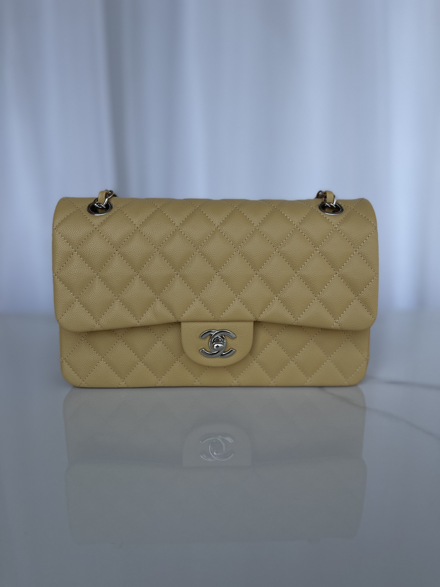 Ch*el classic handbag grained calfskin & silver-tone metal yellow 6 × 9.9 × 2.5 in