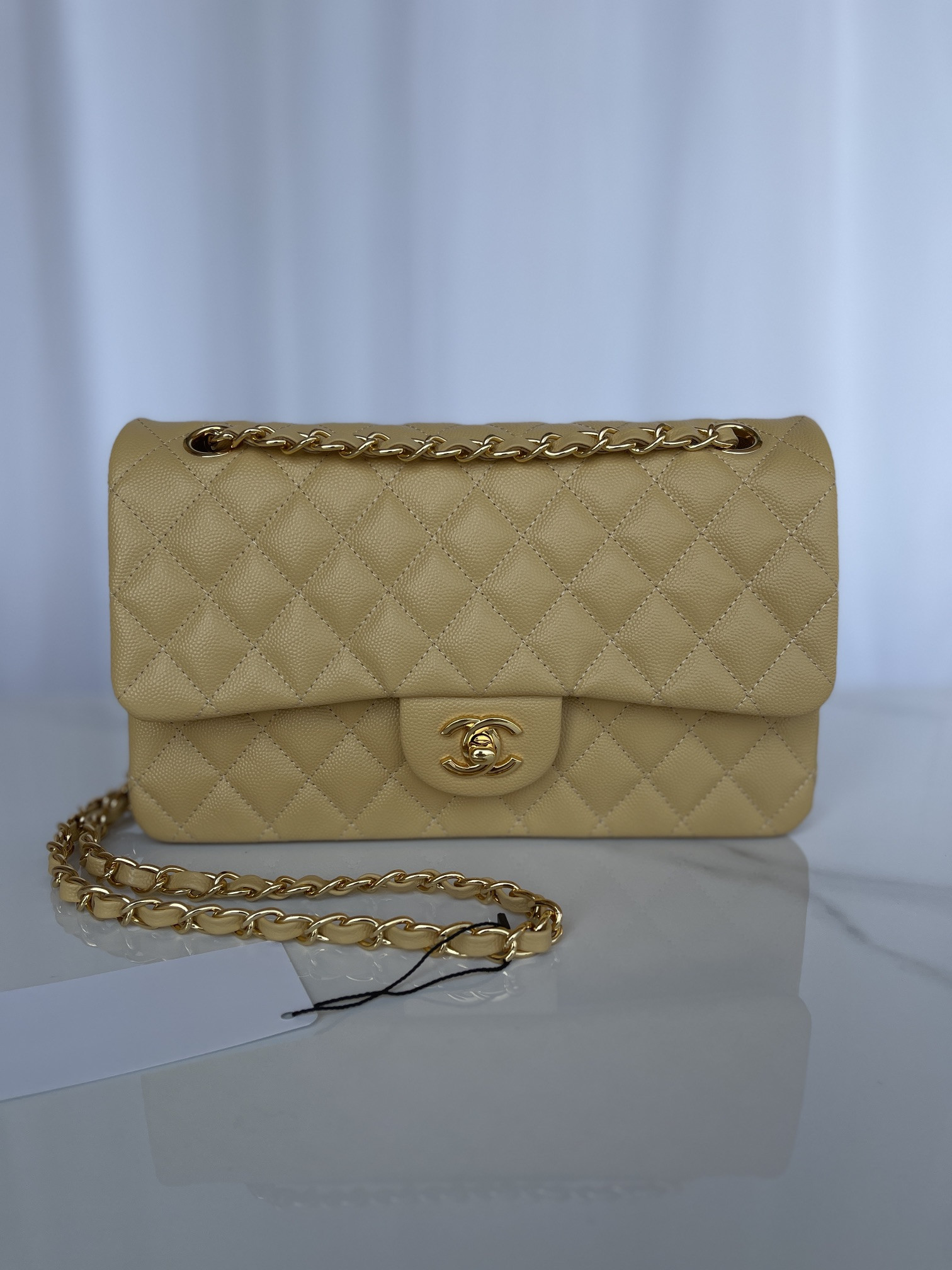 CHANEL CLASSIC HANDBAG GRAINED CALFSKIN & GOLD-TONE METAL YELLOW 6 × 9.9 × 2.5 in