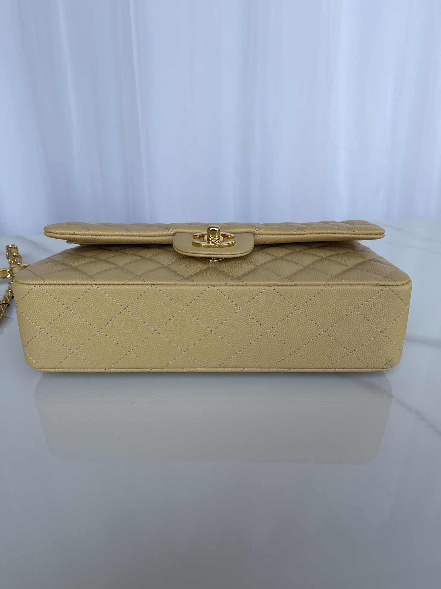 CHANEL CLASSIC HANDBAG GRAINED CALFSKIN & GOLD-TONE METAL YELLOW 6 × 9.9 × 2.5 in