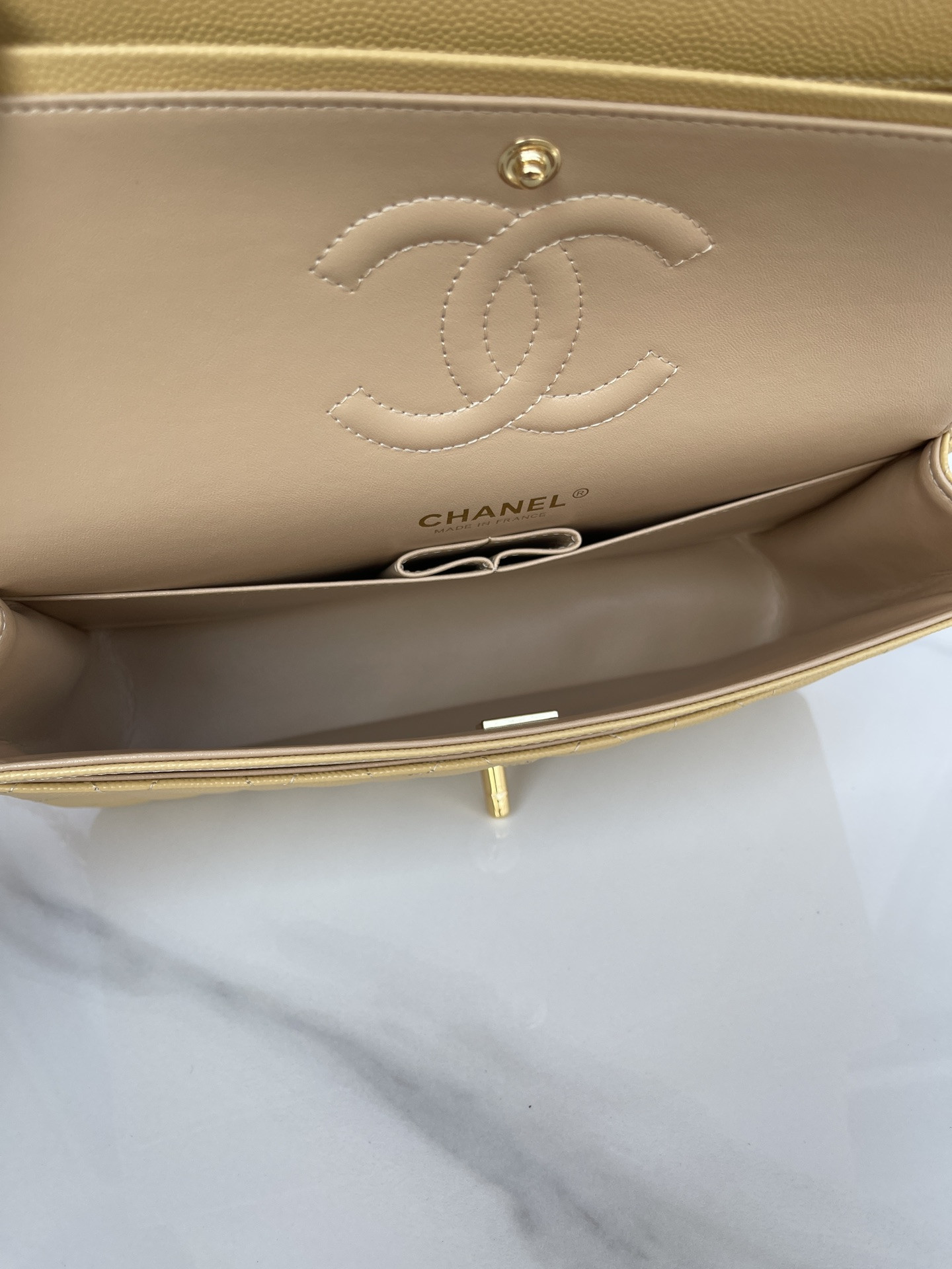 CHANEL CLASSIC HANDBAG GRAINED CALFSKIN & GOLD-TONE METAL YELLOW 6 × 9.9 × 2.5 in