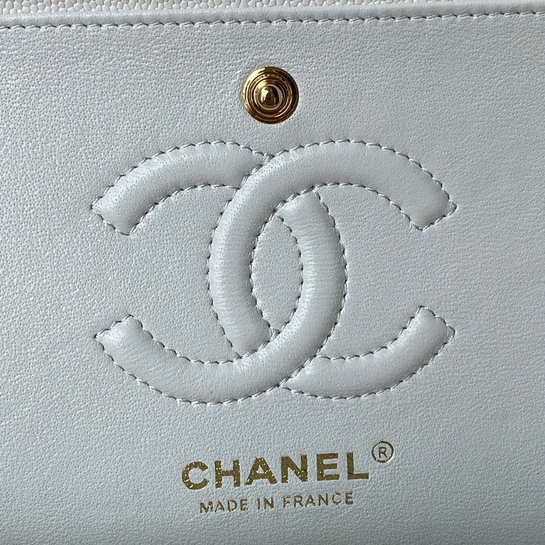 CHANEL SMALL CLASSIC HANDBAG Grained Calfskin & Gold-Tone Metal White 5.7 × 9 × 2.3 in