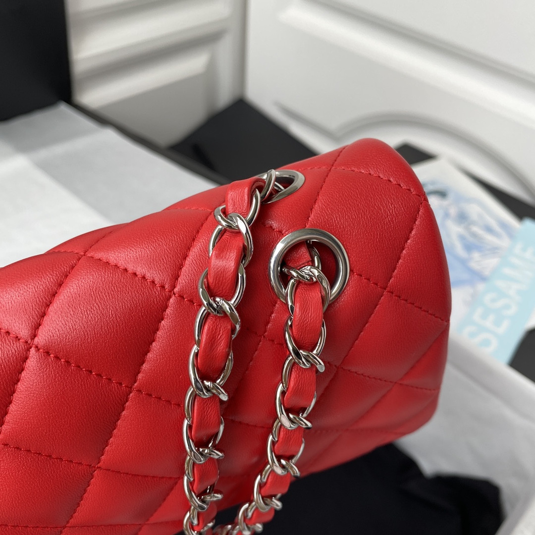 CHANEL SMALL CLASSIC HANDBAG  LAMBSKIN & SILVER-TONE METAL Red 5.7 × 9 × 2.3 IN