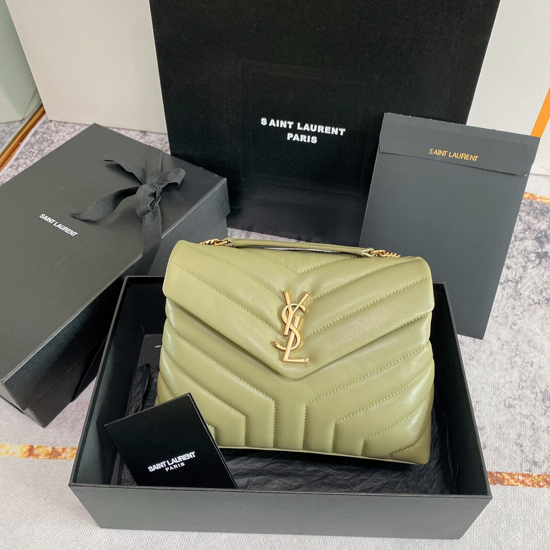 YSL LOULOU SMALL IN QUILTED LEATHER GREEN 9 X 6.1 X 3.3 INCHES