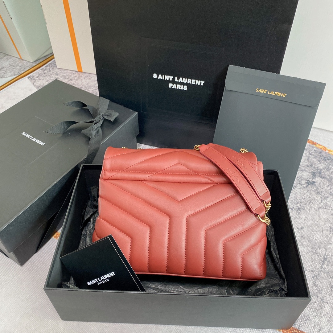 YSL LOULOU SMALL IN QUILTED LEATHER RED GOLD 9 X 6.1 X 3.3 INCHES