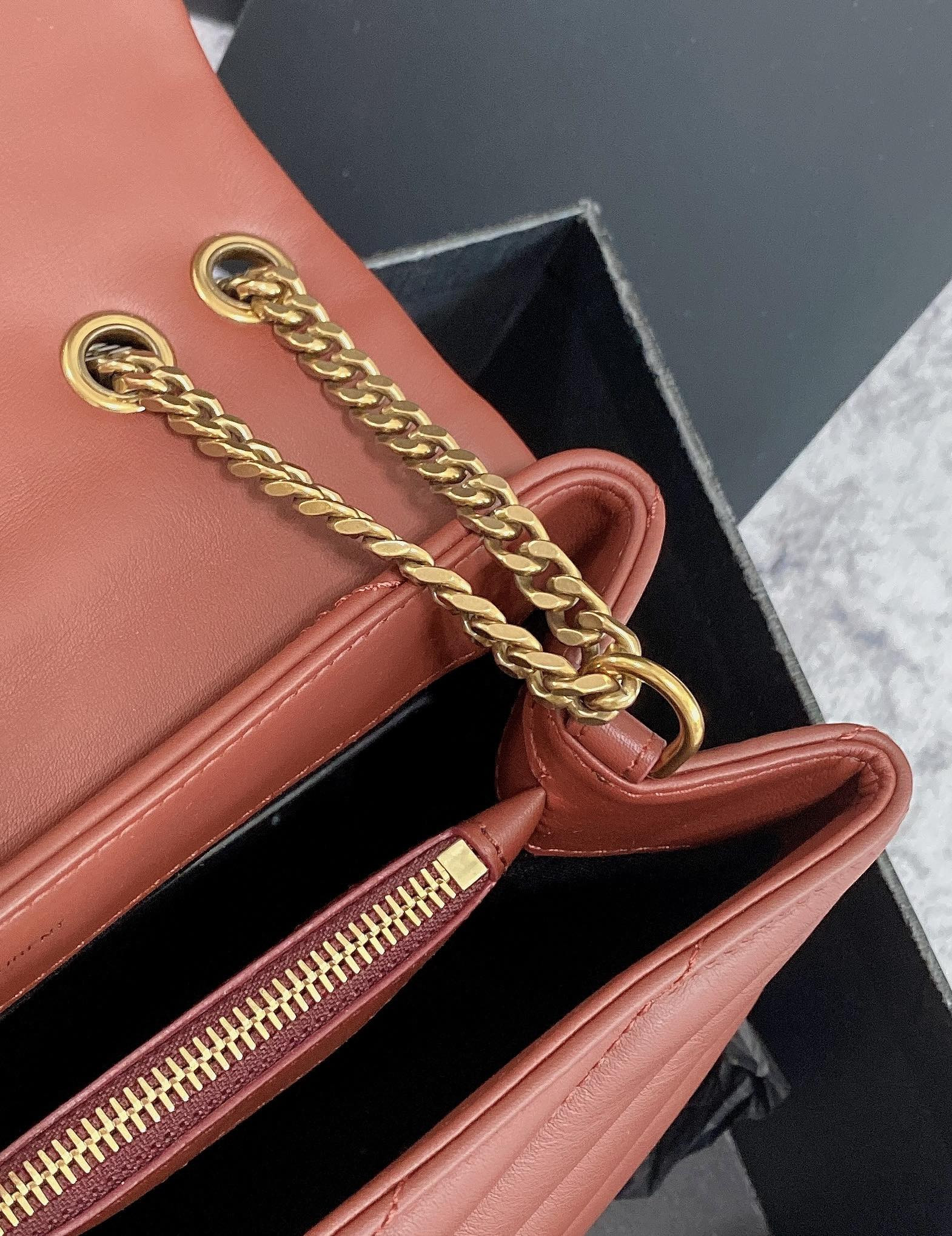 YSL LOULOU SMALL IN QUILTED LEATHER RED GOLD 9 X 6.1 X 3.3 INCHES