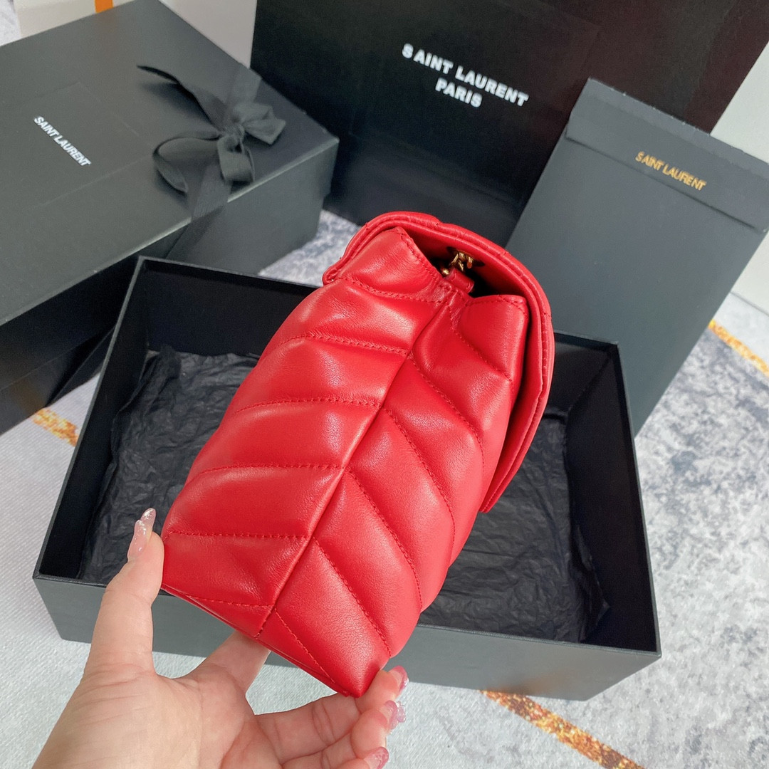 YSL LOULOU SMALL IN QUILTED LEATHER SHINY RED GOLD 9 X 6.1 X 3.3 INCHES