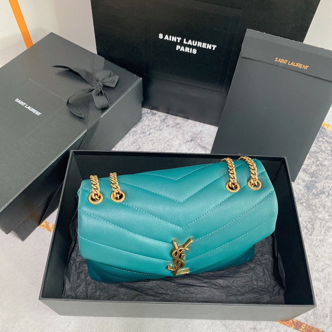 YSL LOULOU SMALL IN QUILTED LEATHER BLUE GOLD 9 X 6.1 X 3.3 INCHES