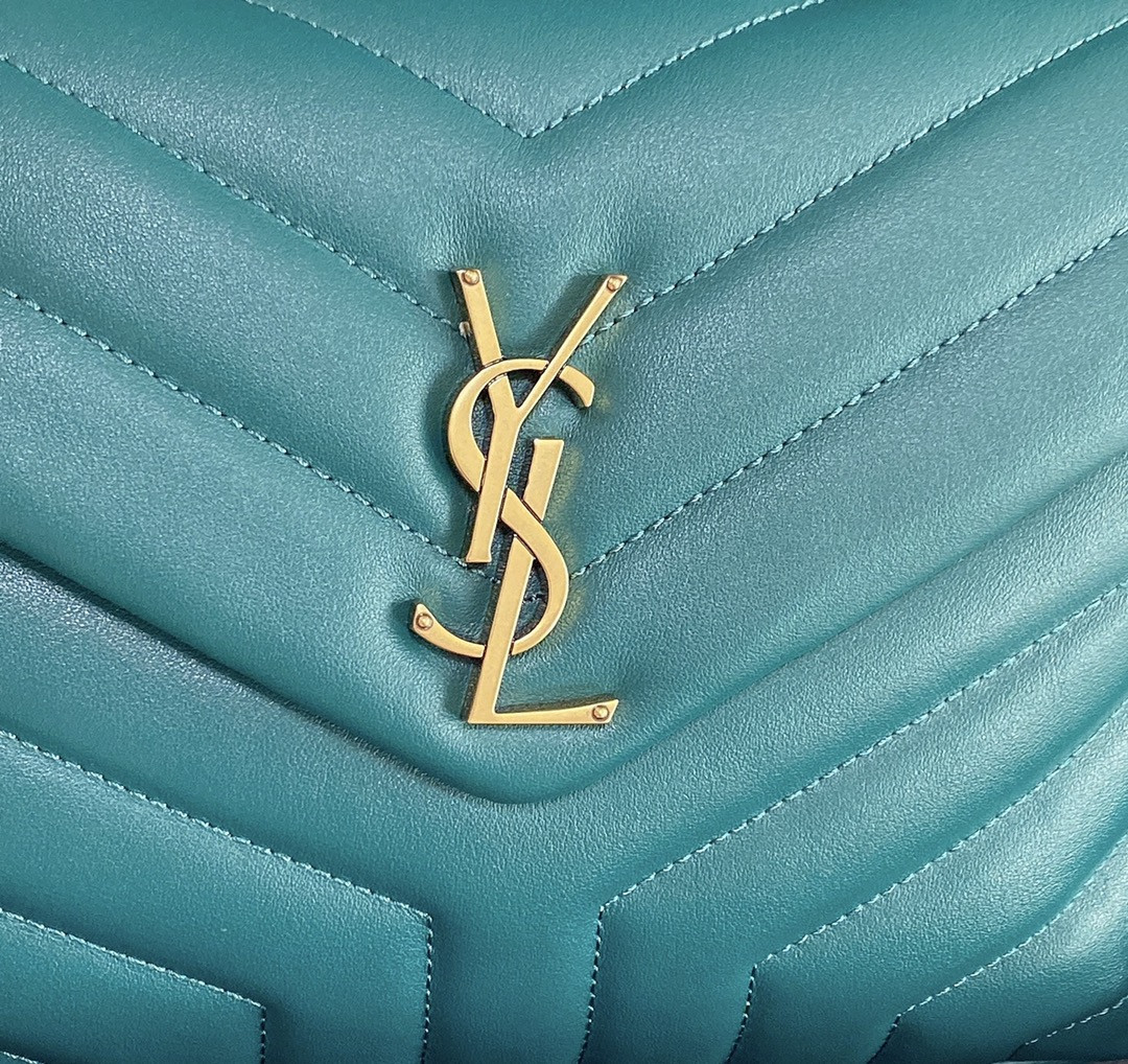 YSL LOULOU SMALL IN QUILTED LEATHER BLUE GOLD 9 X 6.1 X 3.3 INCHES