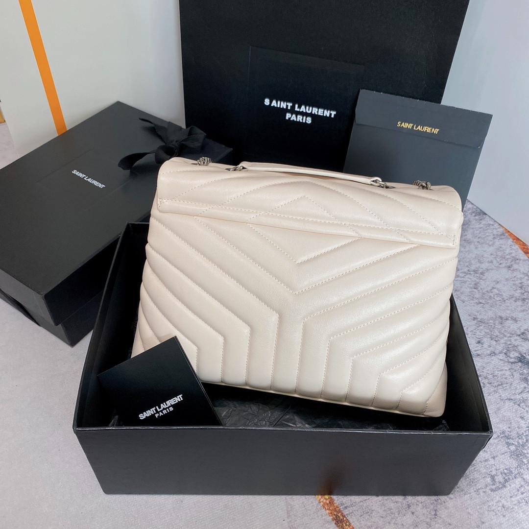 YSL LOULOU MEDIUM IN QUILTED LEATHER BLANC VINTAGE SILVER 12.5 X 8.6 X 3.5 INCHES