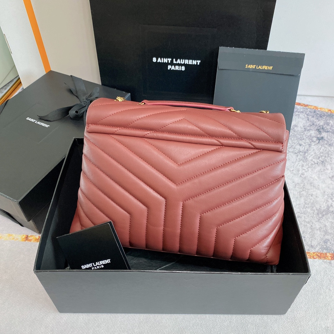 YSL LOULOU MEDIUM IN QUILTED LEATHER LIGHT RED 12.5 X 8.6 X 3.5 INCHES