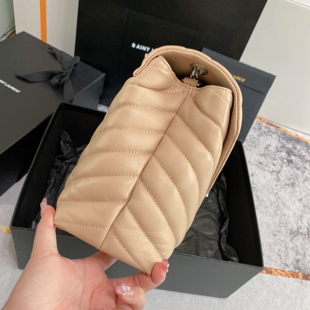 YSL LOULOU MEDIUM IN QUILTED LEATHER DARK BEIGE SILVER 12.5 X 8.6 X 3.5 INCHES