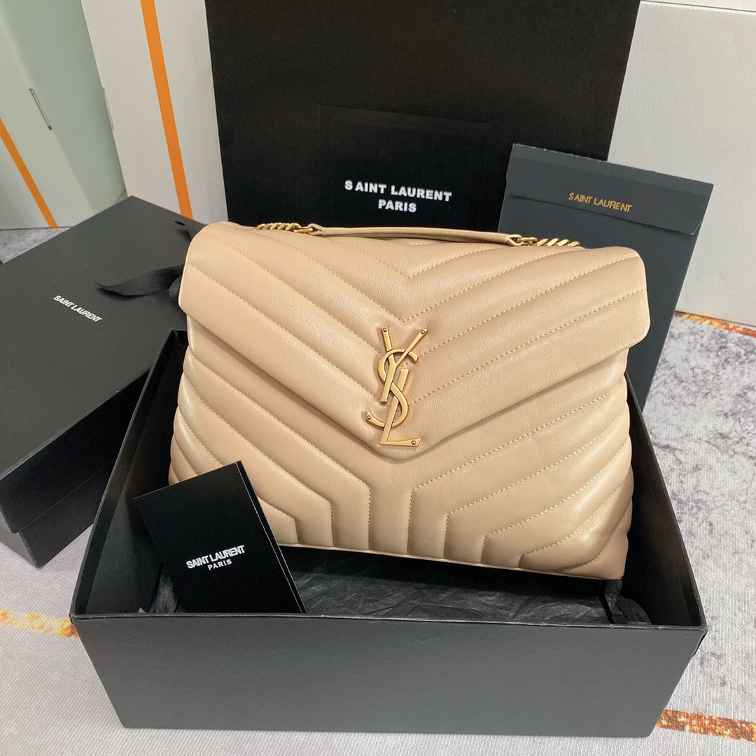 YSL LOULOU MEDIUM IN QUILTED LEATHER DARK BEIGE 12.5 X 8.6 X 3.5 INCHES