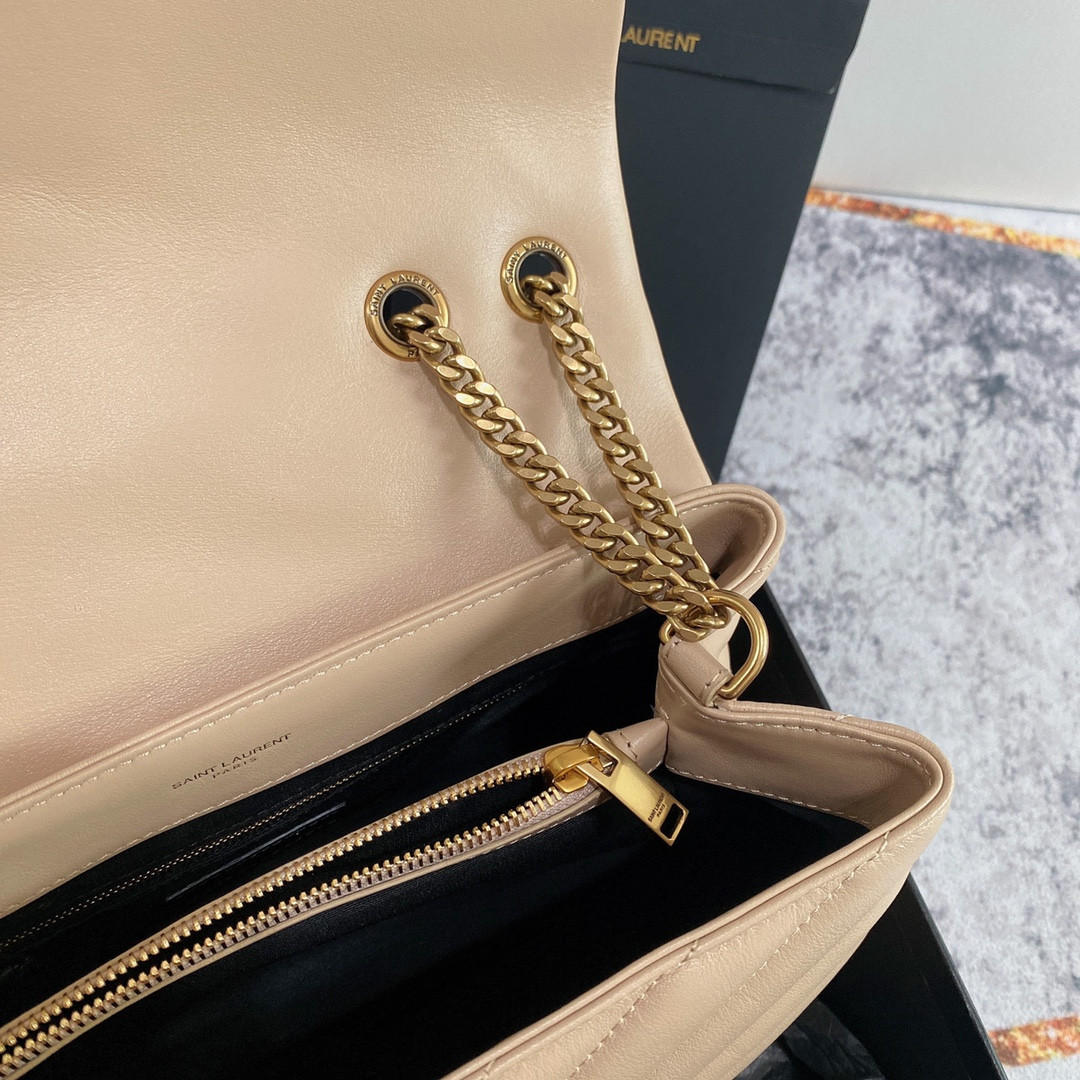 YSL LOULOU MEDIUM IN QUILTED LEATHER DARK BEIGE 12.5 X 8.6 X 3.5 INCHES