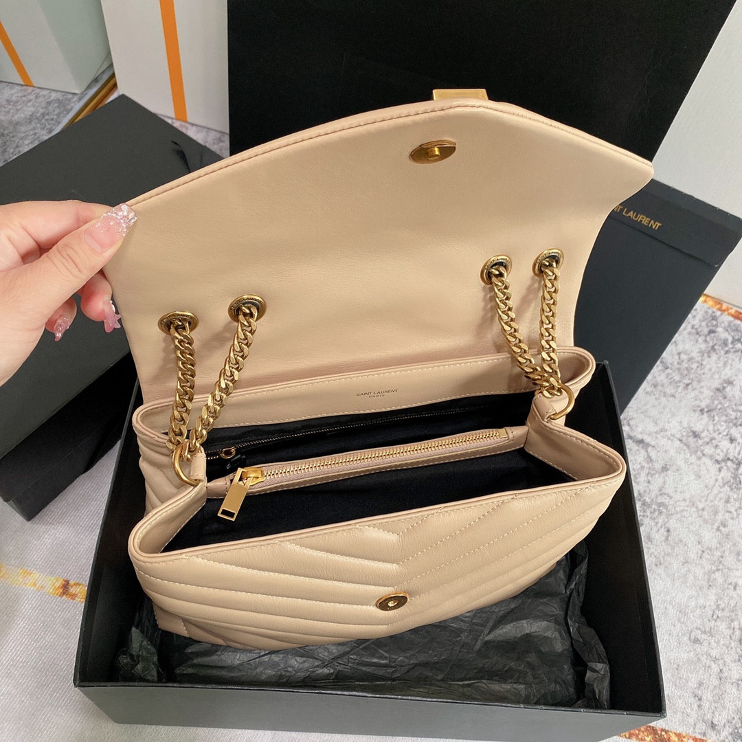 YSL LOULOU MEDIUM IN QUILTED LEATHER DARK BEIGE 12.5 X 8.6 X 3.5 INCHES