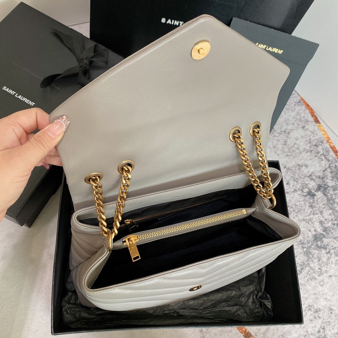 YSL LOULOU MEDIUM IN QUILTED LEATHER GREYISH BROWN 12.5 X 8.6 X 3.5 INCHES