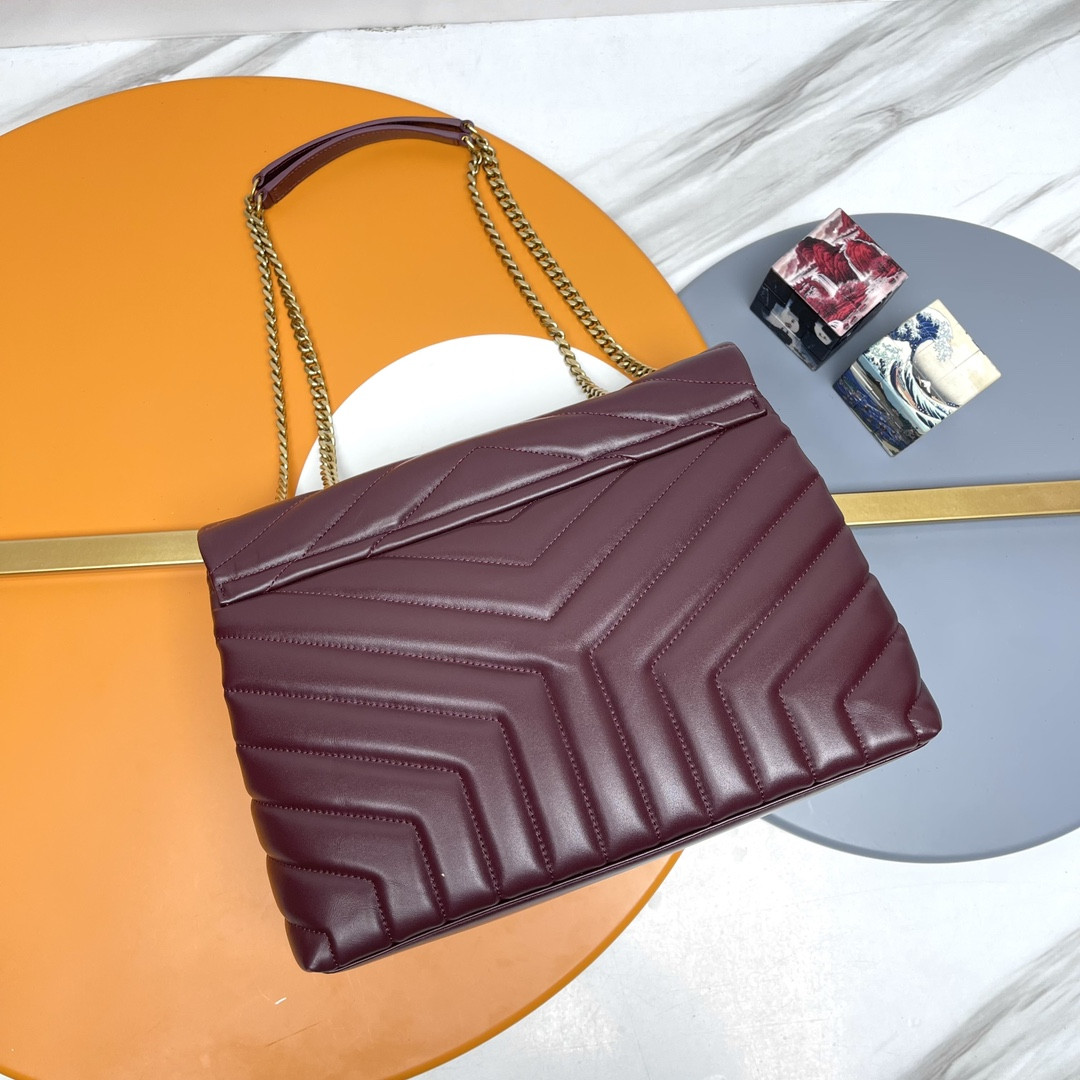 YSL LOULOU MEDIUM IN QUILTED LEATHER DARK RED 12.5 X 8.6 X 3.5 INCHES