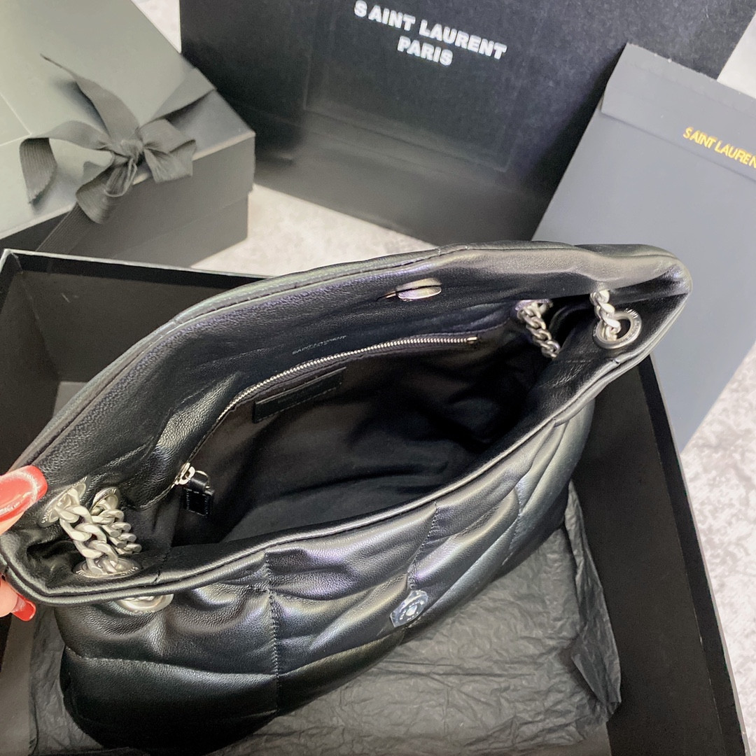 YSL PUFFER SMALL IN NAPPA LEATHER BLACK SILVER 11.4 X 6.6 X 4.3 INCHES