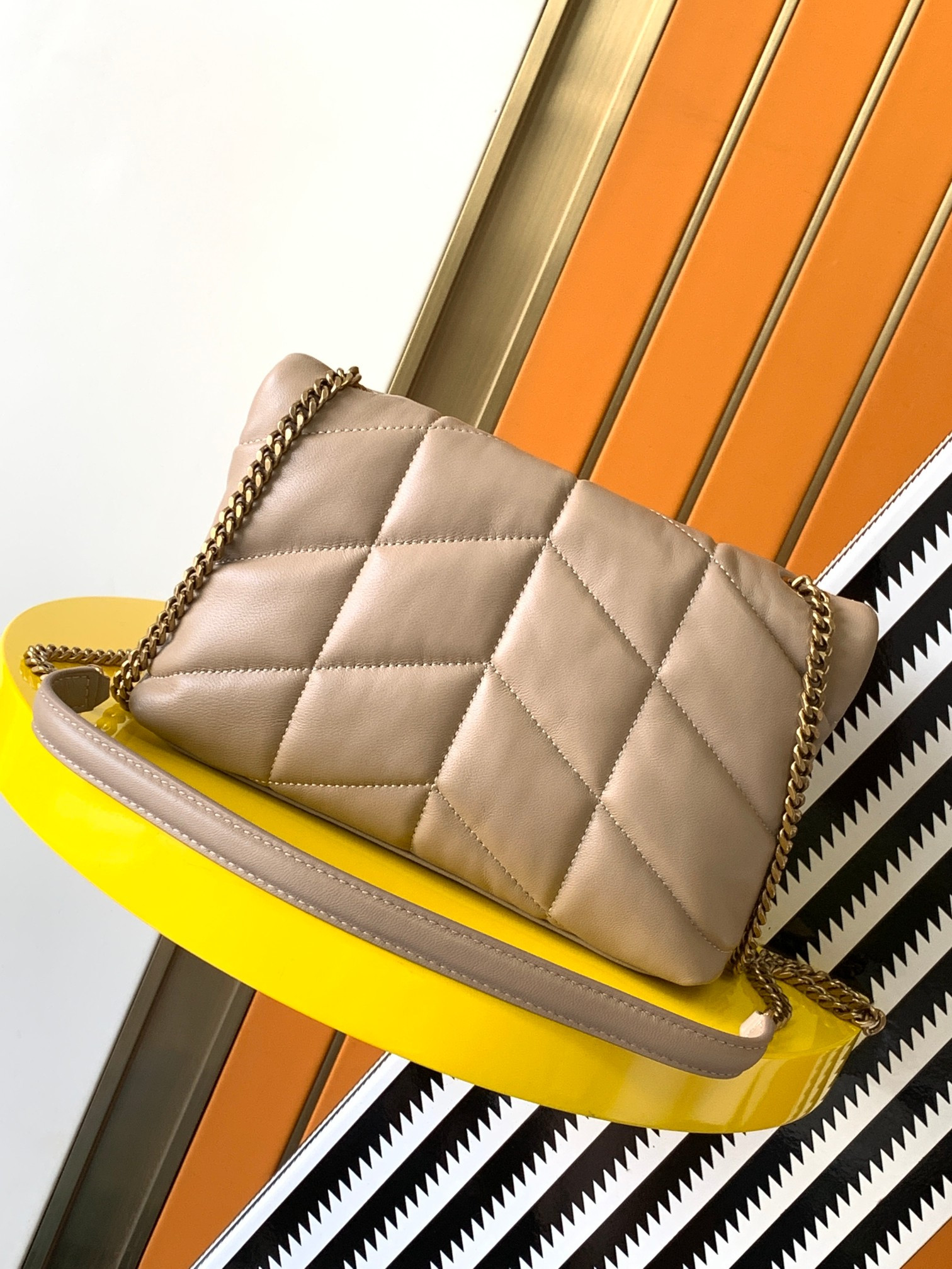 YSL PUFFER MEDIUM IN NAPPA LEATHER DARK BEIGE 13.7 X 9 X 5.3 INCHES