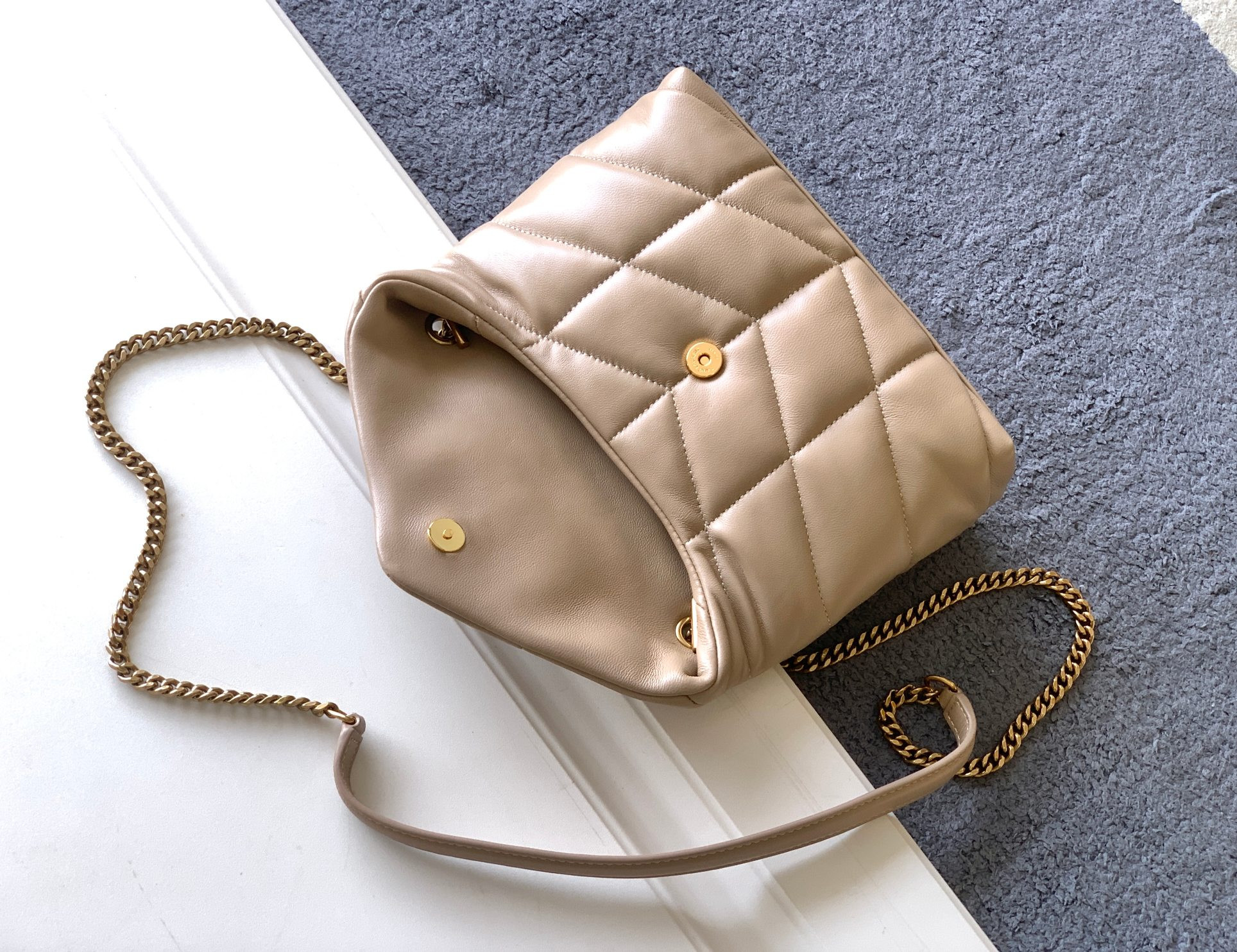 YSL PUFFER MEDIUM IN NAPPA LEATHER DARK BEIGE 13.7 X 9 X 5.3 INCHES