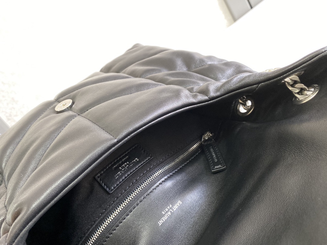 YSL LOULOU PUFFER MEDIUM IN NAPPA LEATHER BLACK SILVER 13.7 X 9 X 5.3 INCHES