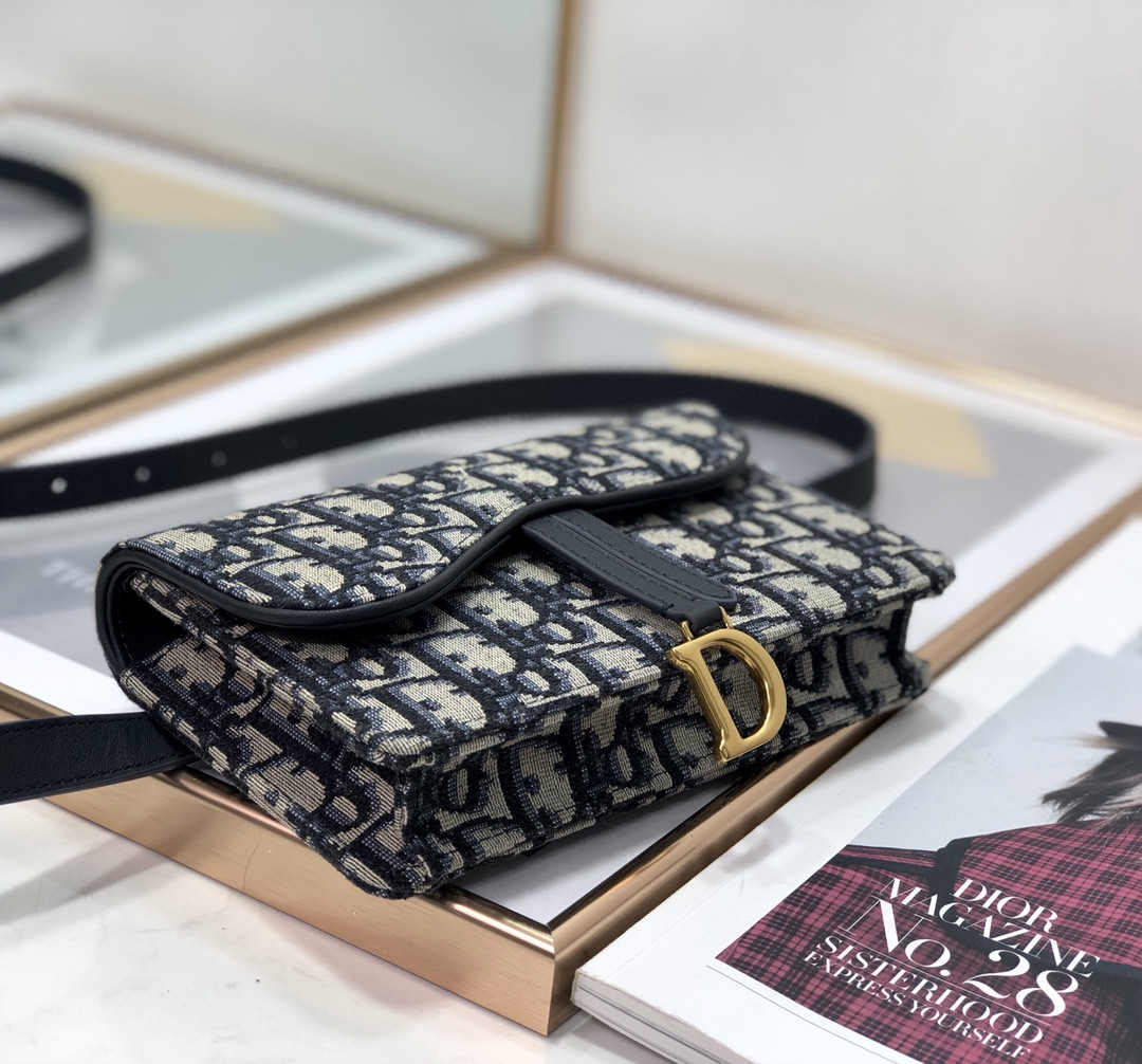 DIOR Saddle Pouch Blue Dior Oblique Jacquard  6.5 x 4 x 1.5 inches