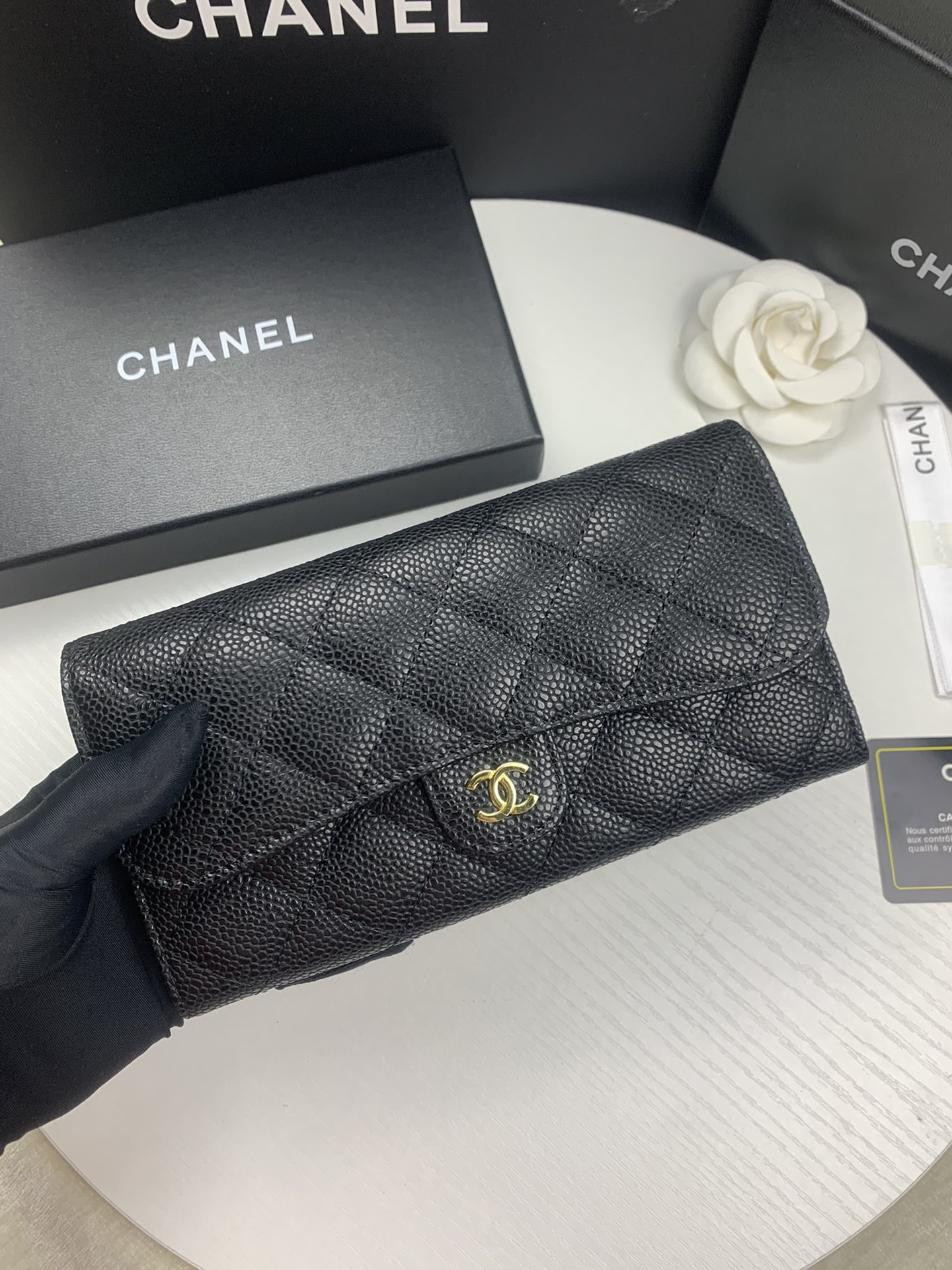 Ch*el flap wallet grained leather black gold 19.5 x10 cm
