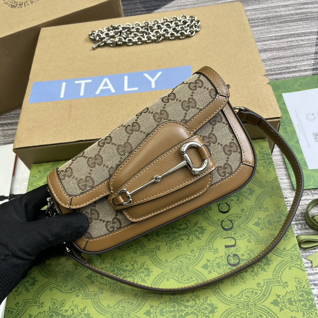 GUCCI HORSEBIT 1955 MINI SHOULDER BAG BROWN 7.7"W x 5-3.1"H x 2.4-1.2"D