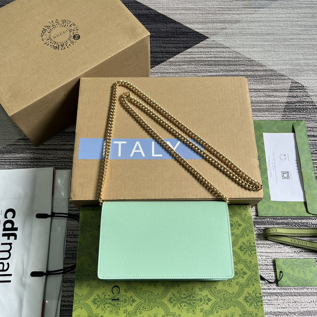 CHAIN WALLET WITH GUCCI SCRIPT GREEN 7.8"W x 5"H x 1.6"D