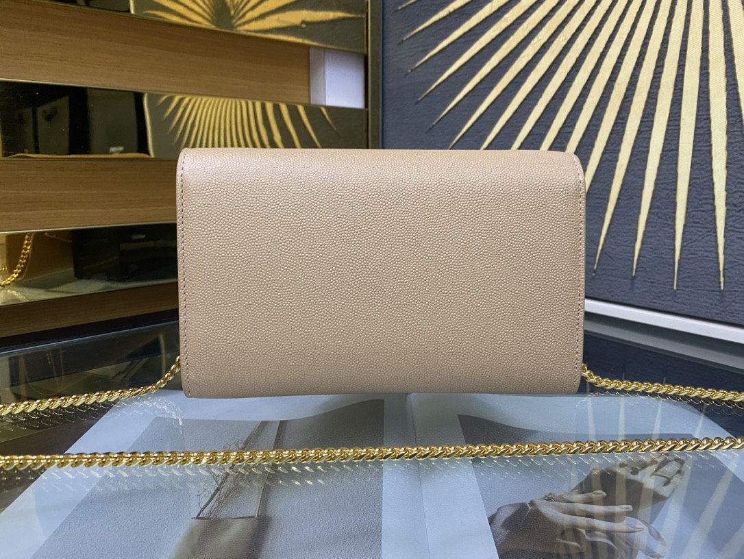 YSL UPTOWN CHAIN WALLET IN GRAIN DE POUDRE EMBOSSED LEATHER DARK BEIGE 7.5 X 4.7 X 1.2 INCHES