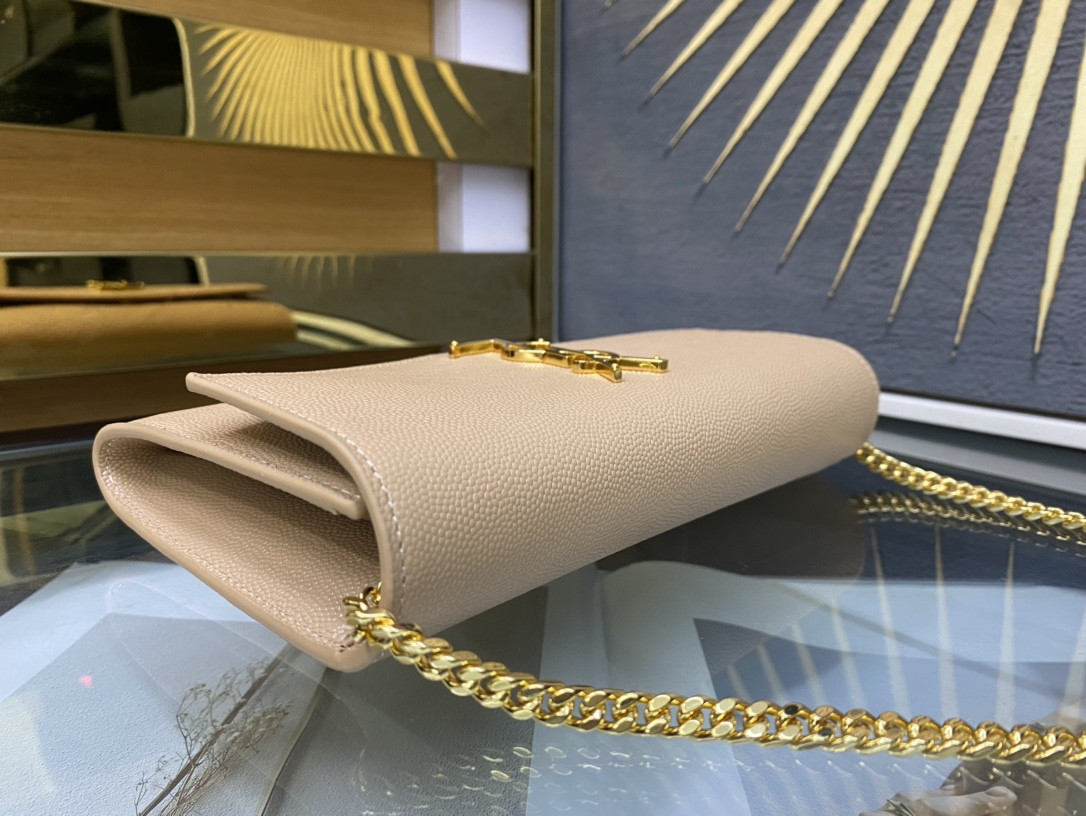 YSL UPTOWN CHAIN WALLET IN GRAIN DE POUDRE EMBOSSED LEATHER DARK BEIGE 7.5 X 4.7 X 1.2 INCHES