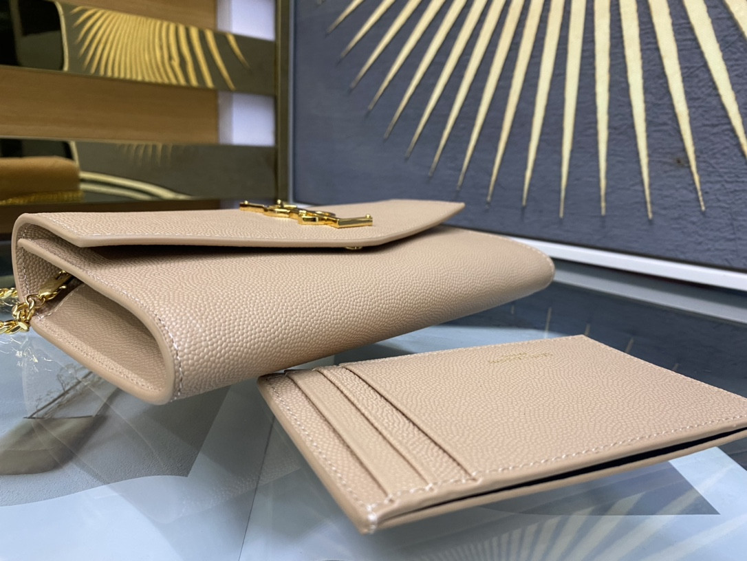 YSL UPTOWN CHAIN WALLET IN GRAIN DE POUDRE EMBOSSED LEATHER DARK BEIGE 7.5 X 4.7 X 1.2 INCHES