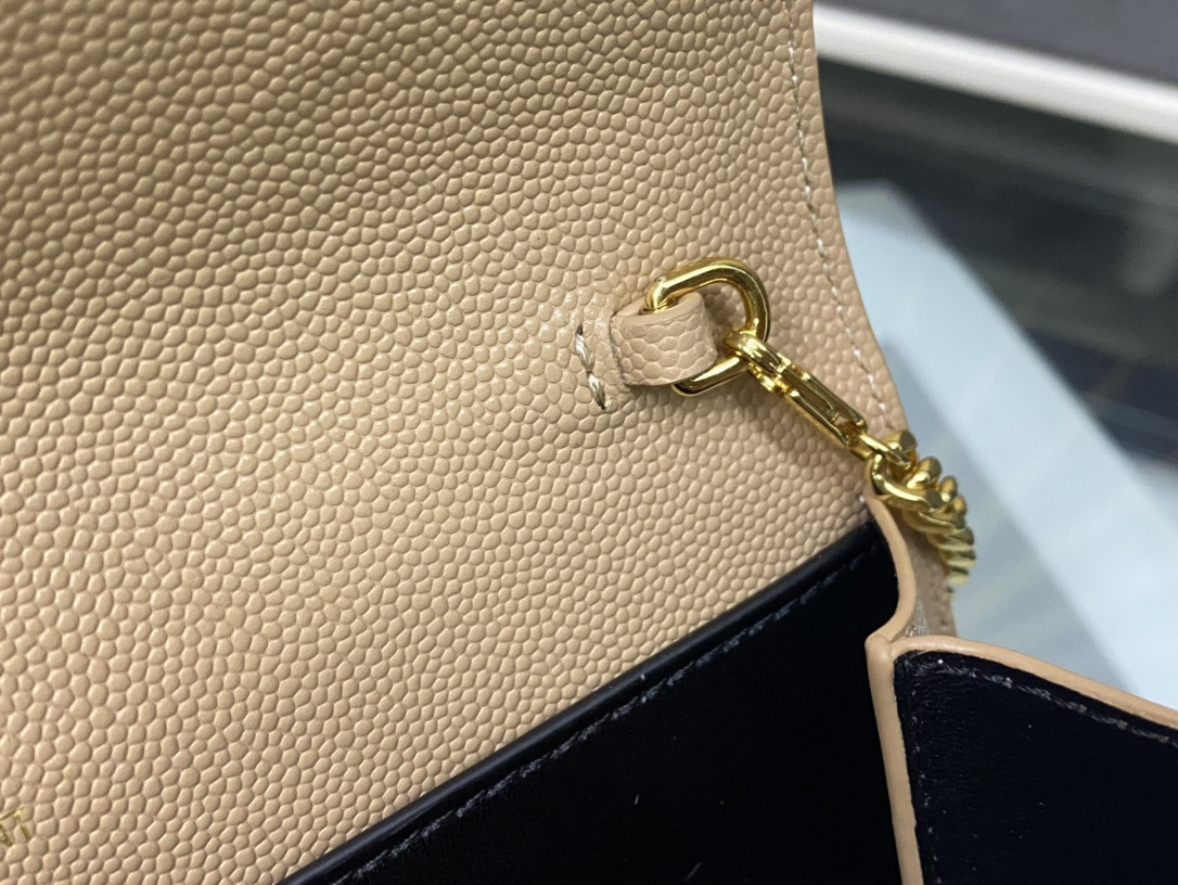 YSL UPTOWN CHAIN WALLET IN GRAIN DE POUDRE EMBOSSED LEATHER DARK BEIGE 7.5 X 4.7 X 1.2 INCHES