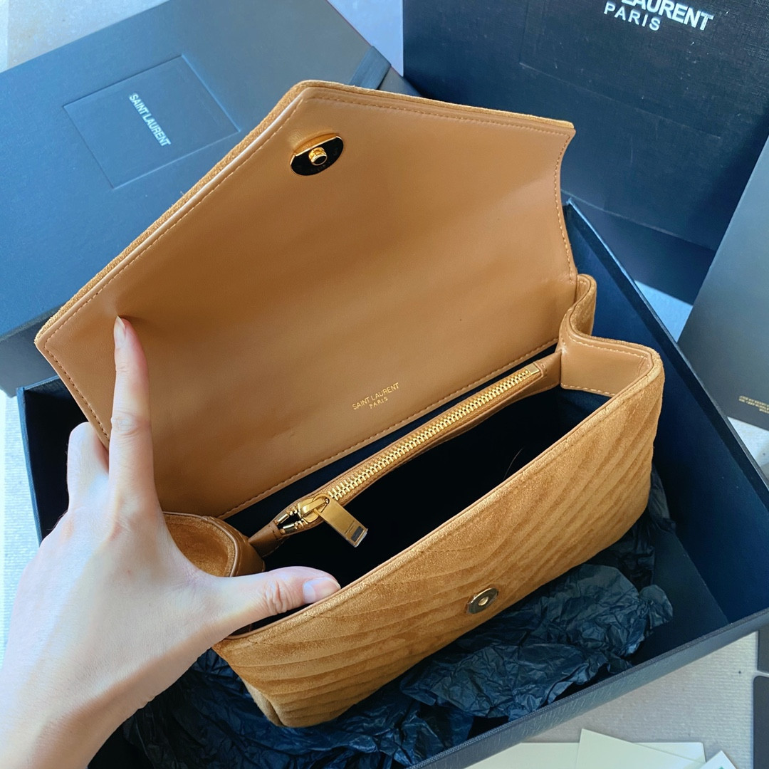 YSL COLLEGE MEDIUM IN QUILTED SUEDE BROWN 9.4 X 6.6 X 2.5 INCHES