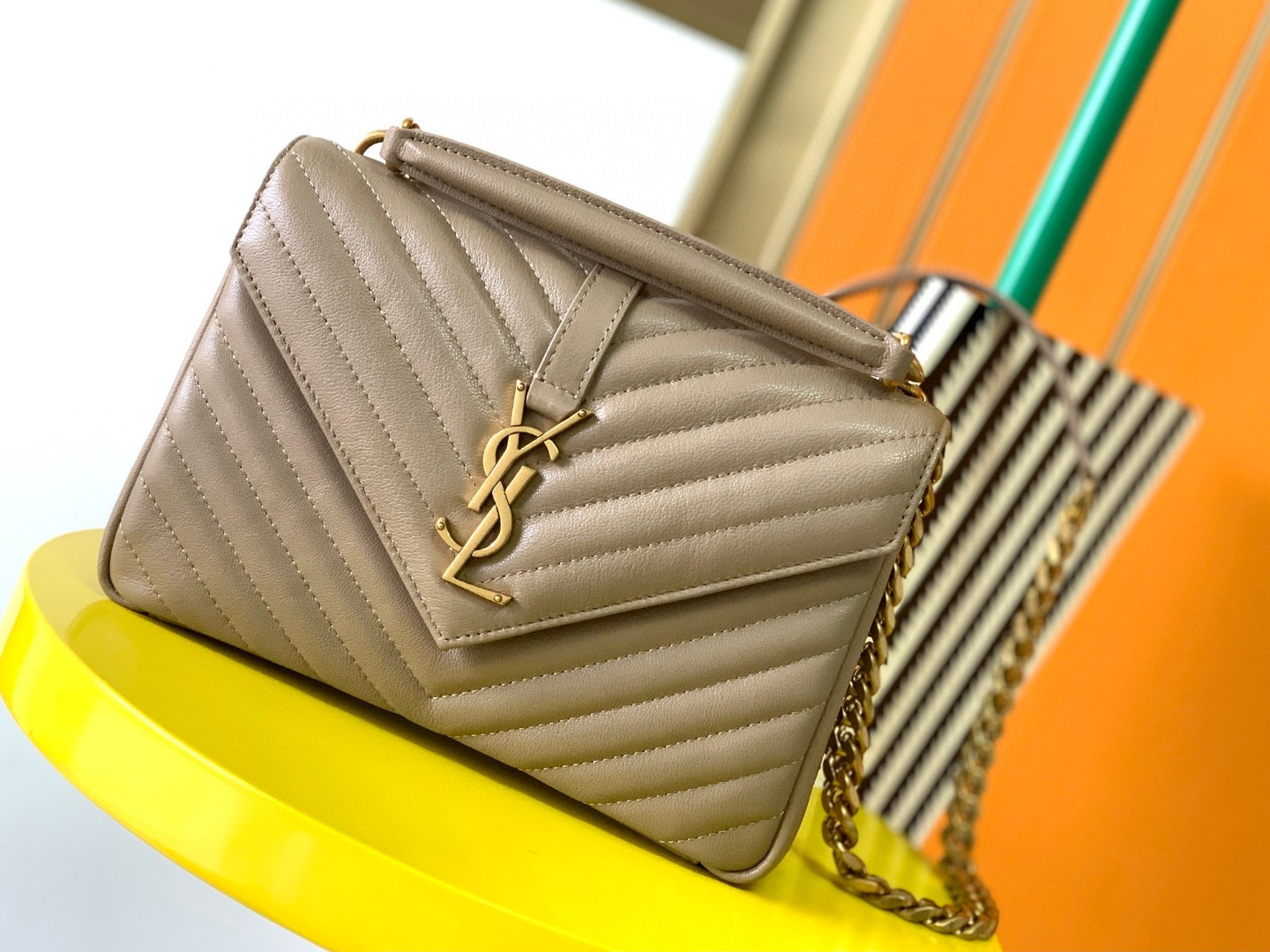 YSL COLLEGE MEDIUM IN QUILTED LEATHER BROWN 9.4 X 6.6 X 2.5 INCHES