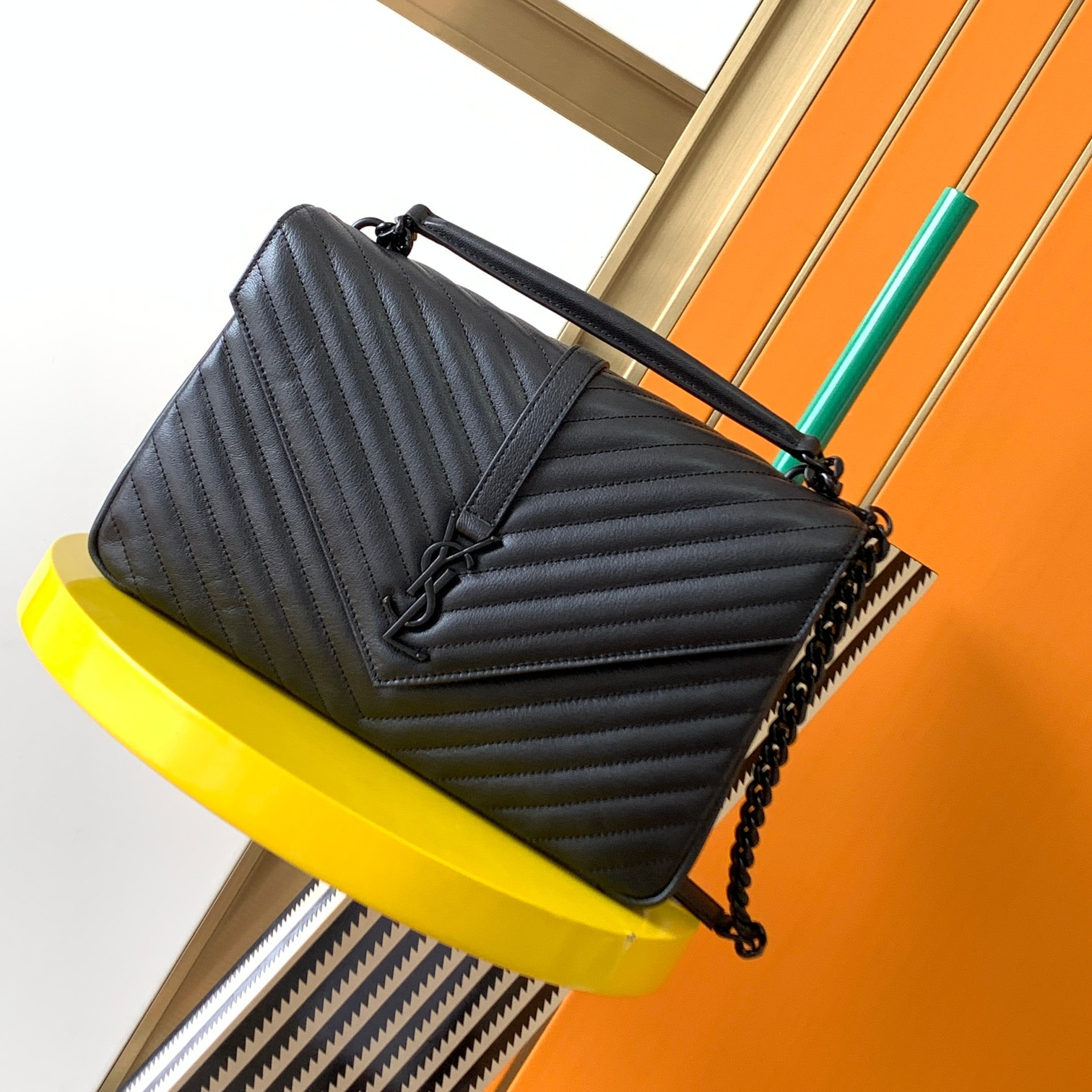 YSL COLLEGE MEDIUM IN QUILTED LEATHER ALL BLACK 9.4 X 6.6 X 2.5 INCHES