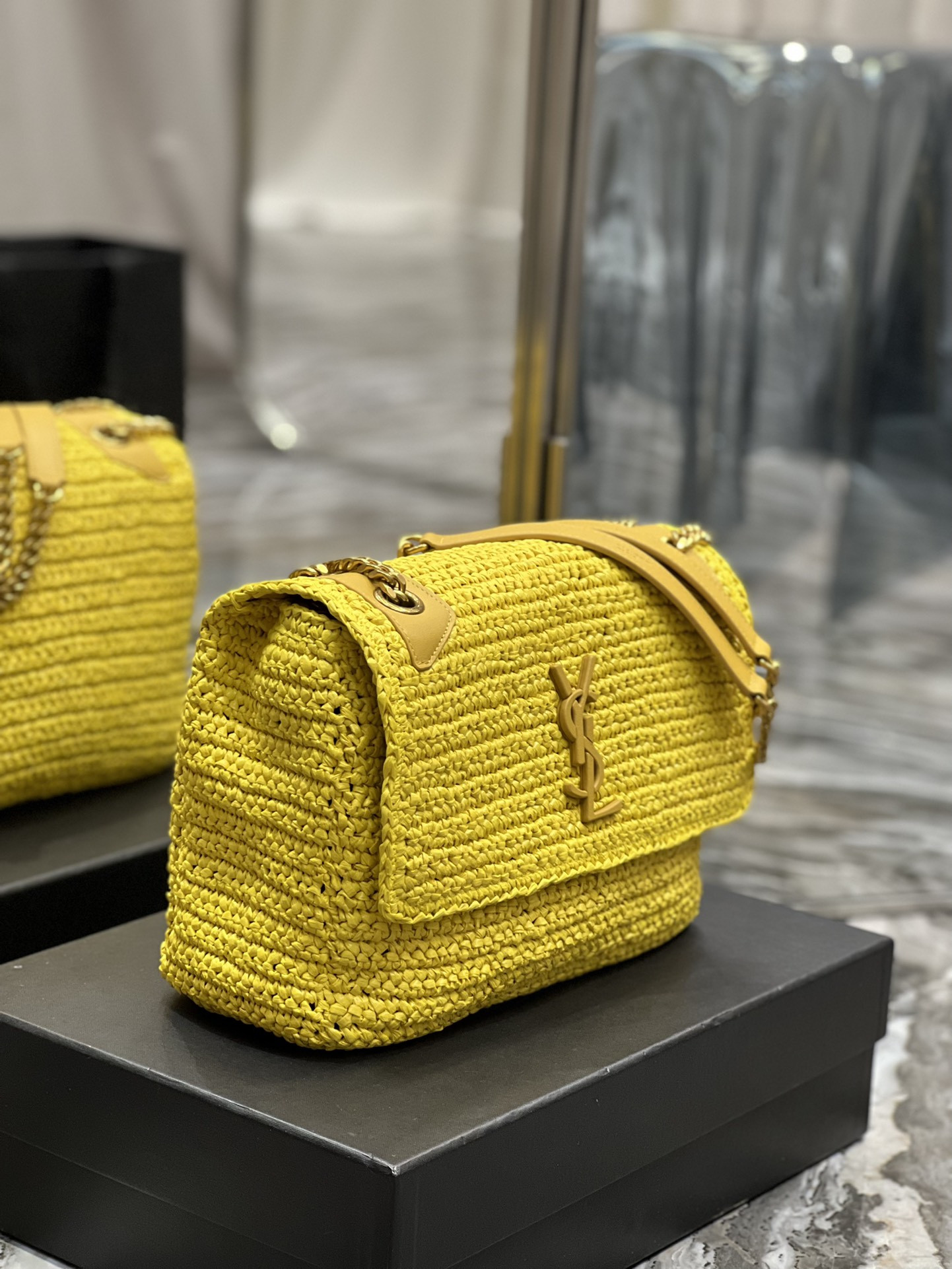 YSL NIKI MEDIUM CHAIN BAG IN RAFFIA AND LEATHER YELLOW 11 X 7.8 X 3.3 INCHES