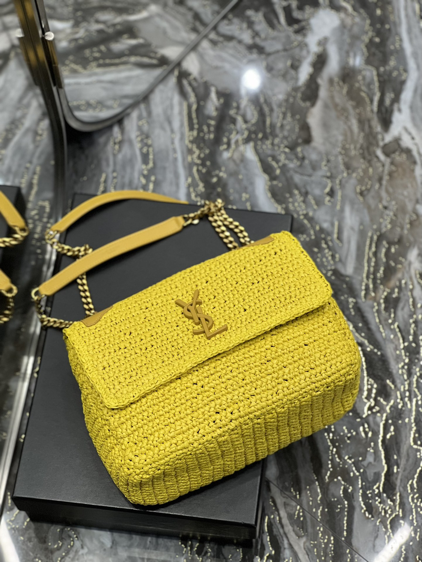 YSL NIKI MEDIUM CHAIN BAG IN RAFFIA AND LEATHER YELLOW 11 X 7.8 X 3.3 INCHES