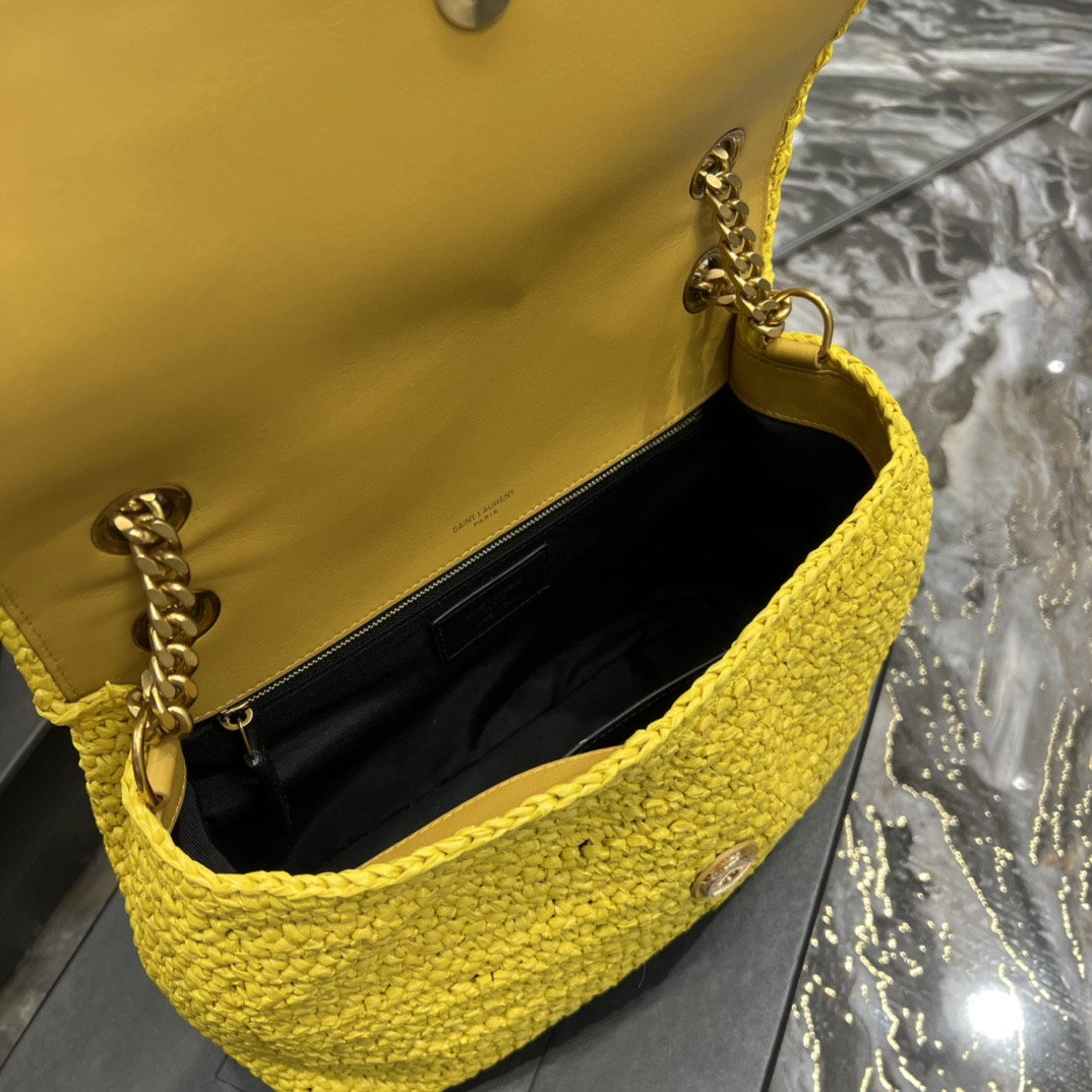 YSL NIKI MEDIUM CHAIN BAG IN RAFFIA AND LEATHER YELLOW 11 X 7.8 X 3.3 INCHES