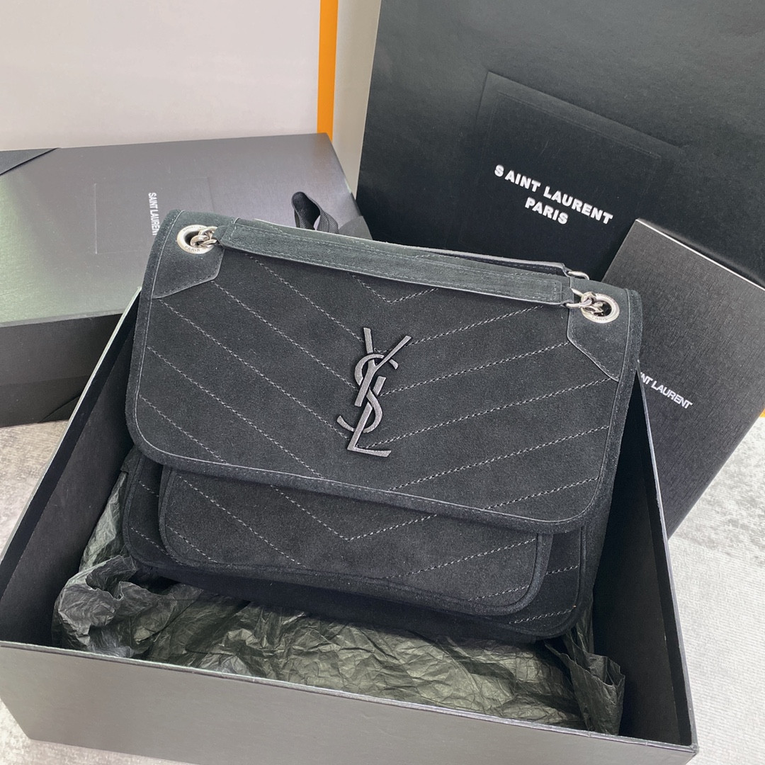 YSL NIKI MEDIUM IN SUEDE BLACK 11 X 7.8 X 3.3 INCHES