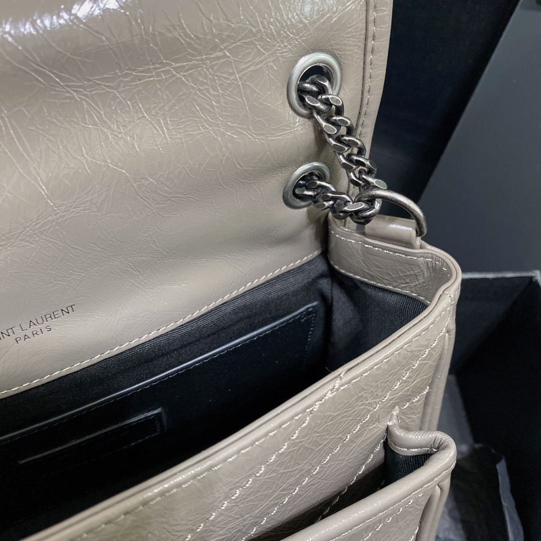 YSL NIKI BABY IN VINTAGE LEATHER LIGHT GRAY 8.2 X 6 X 2.9 INCHES