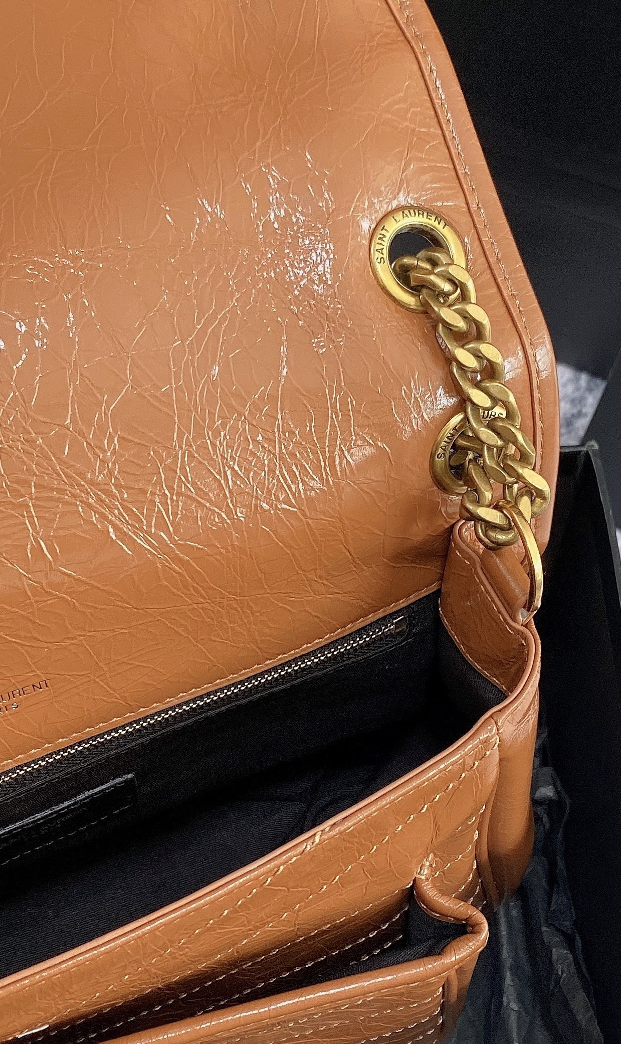 YSL NIKI MEDIUM IN VINTAGE LEATHER LIGHT CARAMEL 11 X 7.8 X 3.3 INCHES