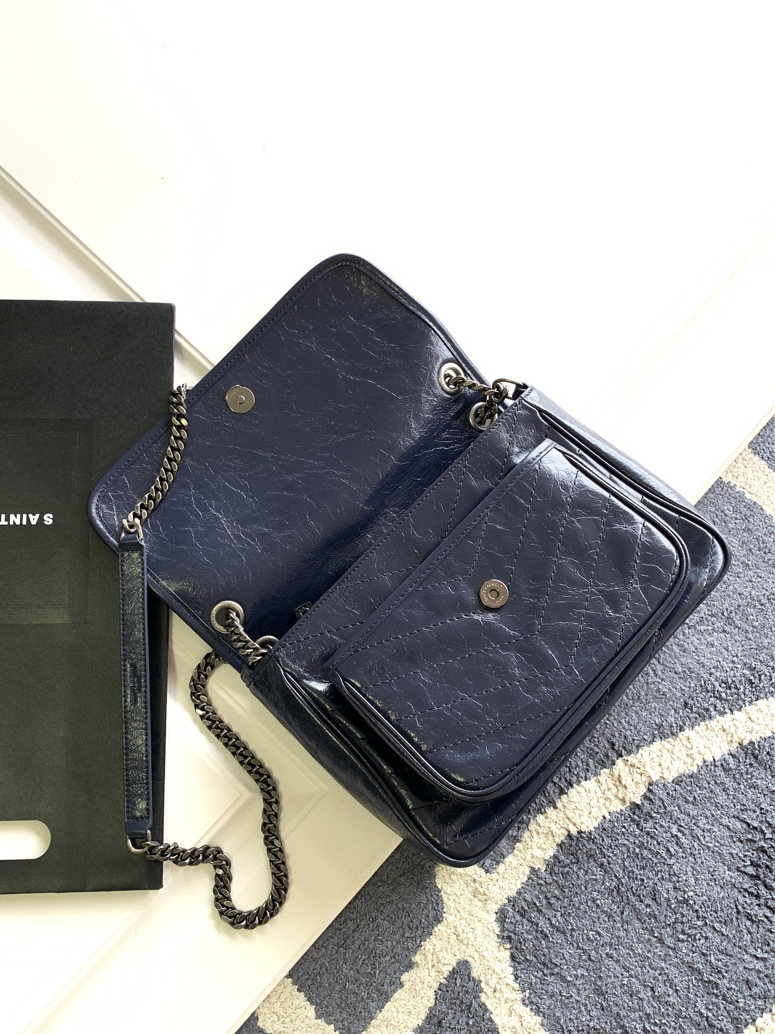 Y*L niki medium in vintage leather navy 11 x 7.8 x 3.3 inches