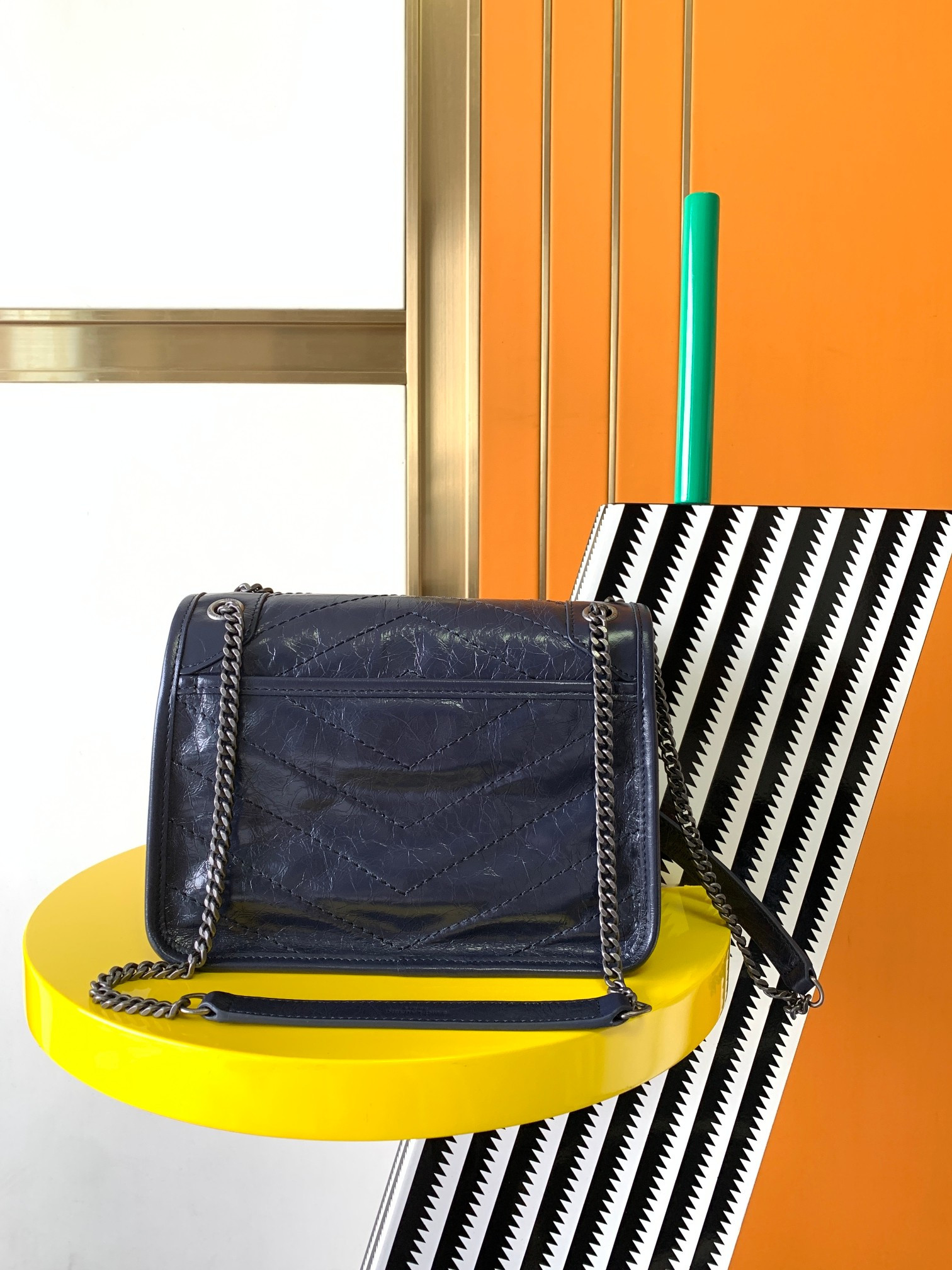 YSL NIKI BABY IN VINTAGE LEATHER NAVY 8.2 X 6 X 2.9 INCHES