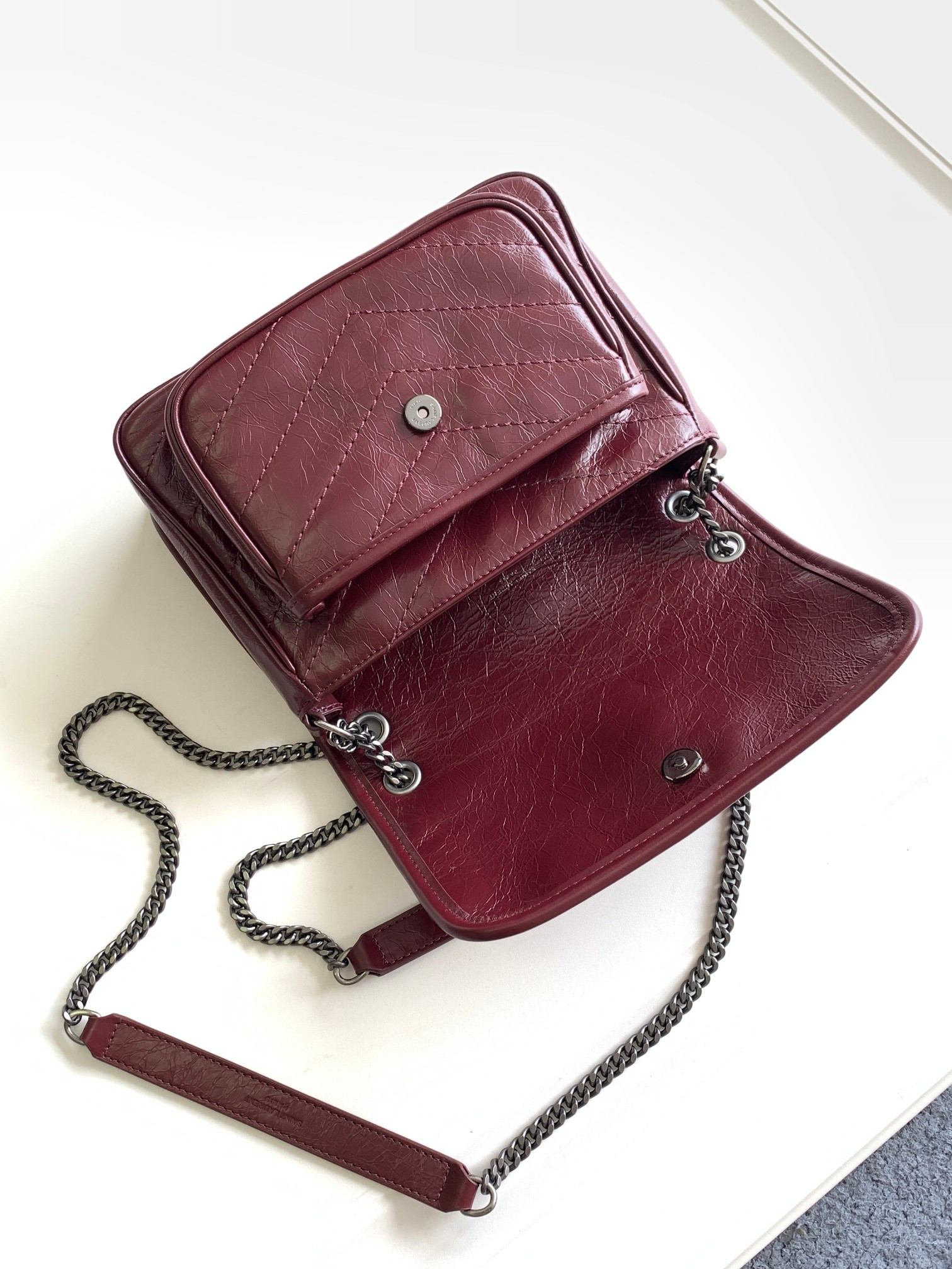 YSL NIKI BABY IN VINTAGE LEATHER Claret 8.2 X 6 X 2.9 INCHES