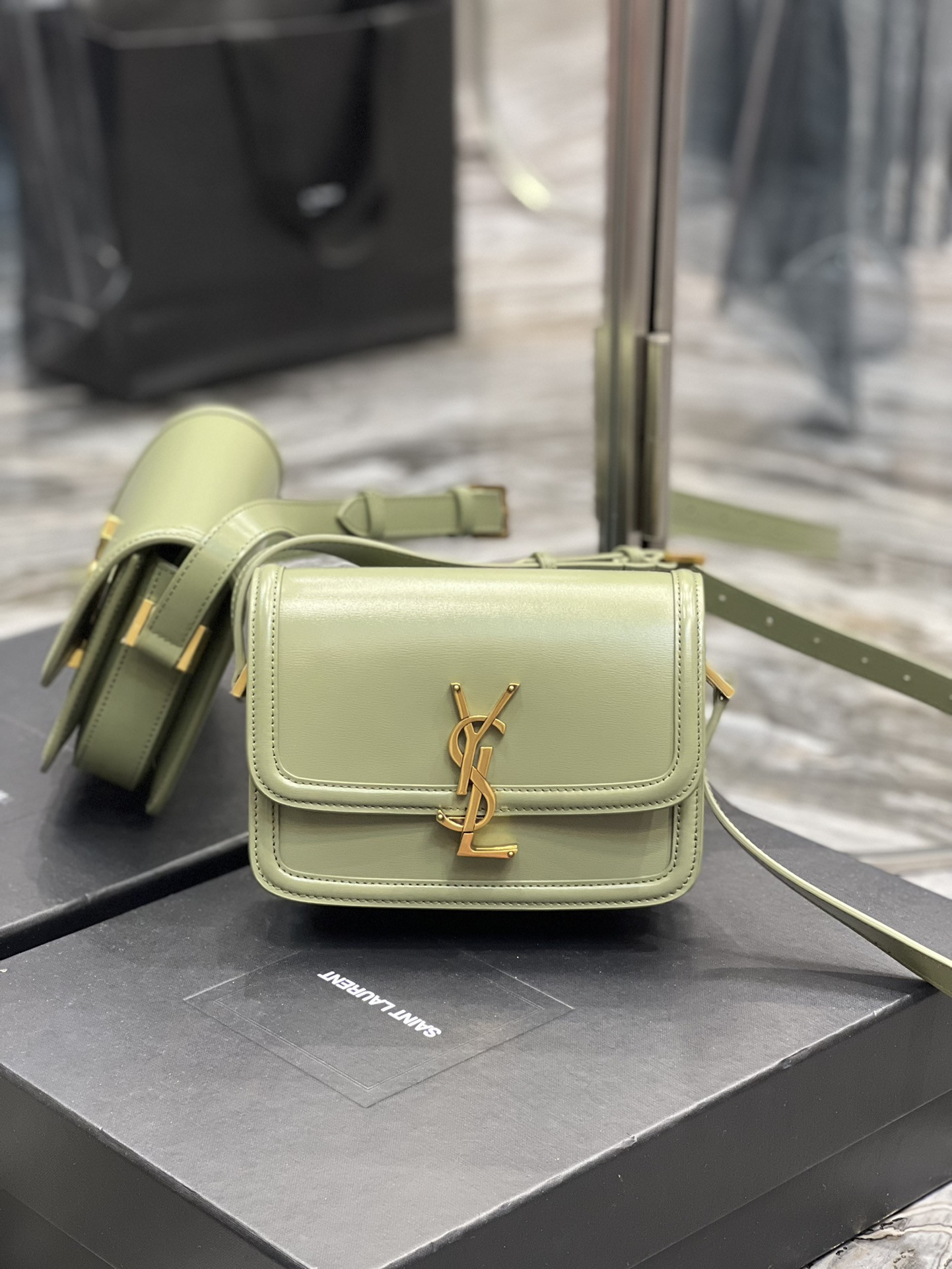 YSL SOLFERINO SMALL SATCHEL IN BOX SAINT LIGHT GREEN 7.4 X 5.1 X 1.9 INCHES