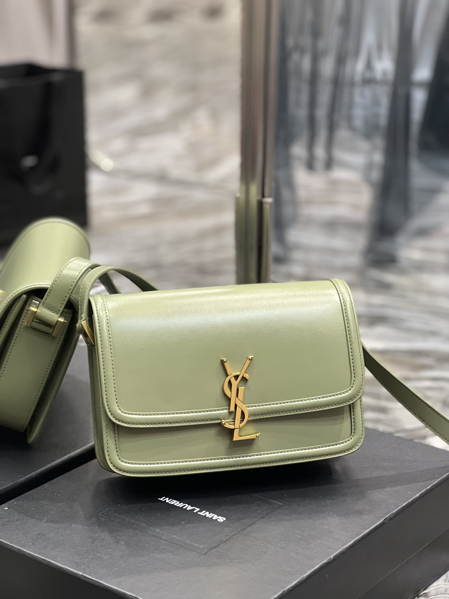 YSL SOLFERINO MEDIUM SATCHEL IN BOX SAINT LAURENT LIGHT GREEN 9.1 X 6.3 X 2.4 INCHES